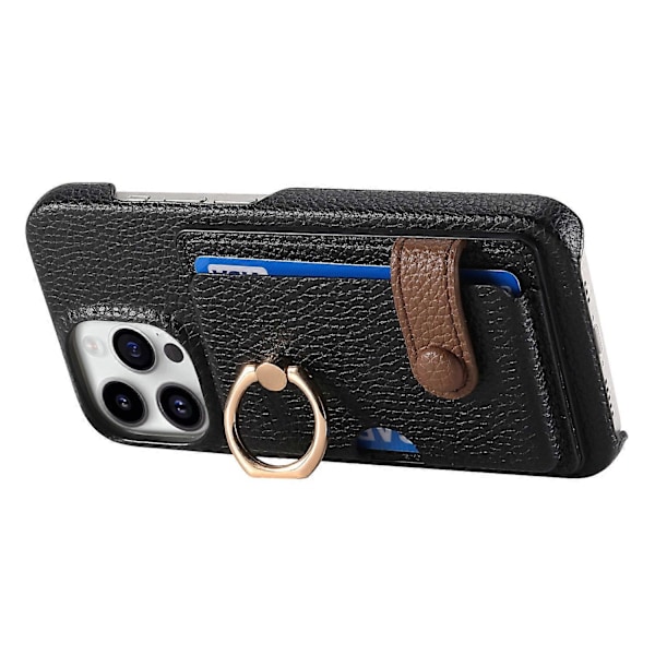 Y2 iPhone 16 Pro -kotelo, jossa sormuspidike, jalusta, korttipaikka ja nahkainen takakuori - Päivämäärä Aprikoosi Multicolor Black
