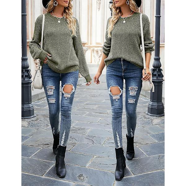 Dam 2023 Höst Casual Höst Våffelstickad tröja Lång ballongärmad lös tröja Army Green X-Large