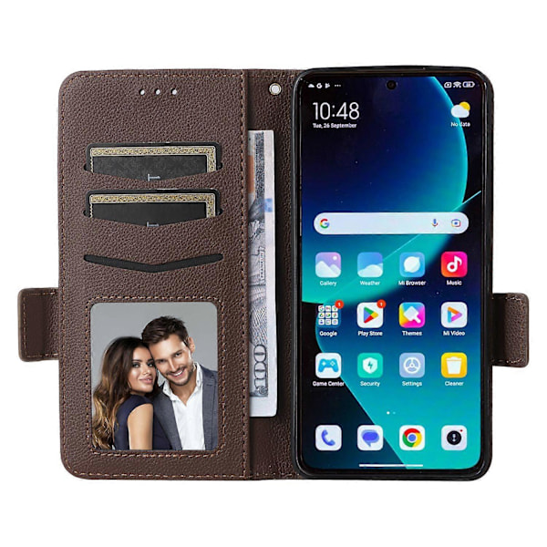 Til Xiaomi 14T Pro Etui Litchi Tekstur PU Læder Wallet Flip Telefon Cover - Grå Multicolor Brown