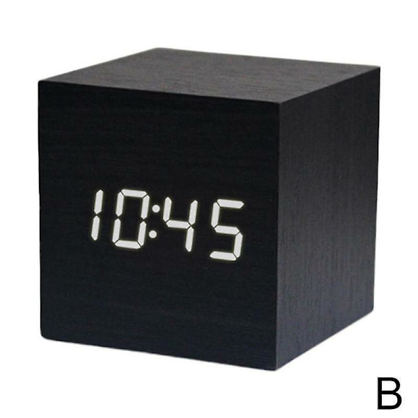 Træ Cube Led Alarm Stemmestyring Digitalt Skrivebord Sengelampe Ur Træ Hurtig Temperatur Black