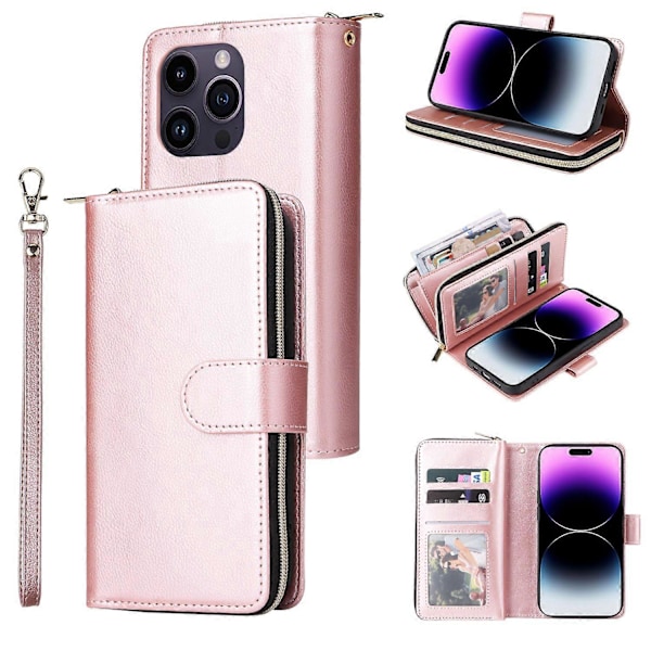 Til iPhone 15 Pro Max Telefon Stand Case Shell Lynlåslomme TPU+PU Læder Kort Slots Pung Multicolor Rose Gold