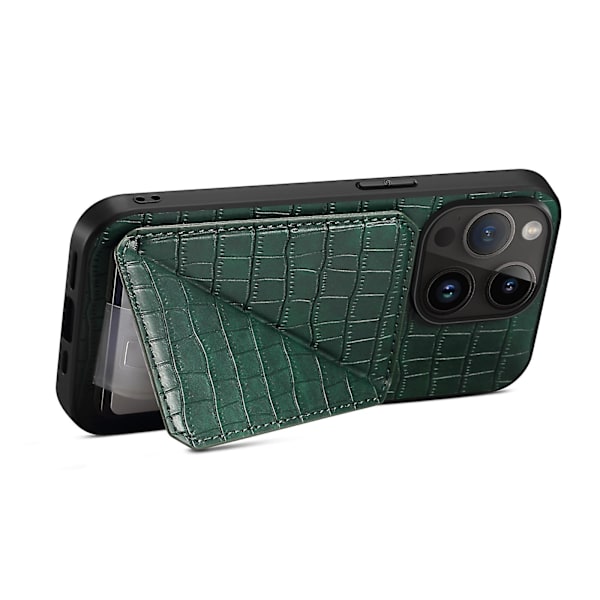 Pc + Tpu+ Pu Läder Phone case För Iphone 13 Pro Crocodile Texture Korthållare Stand Cover Green