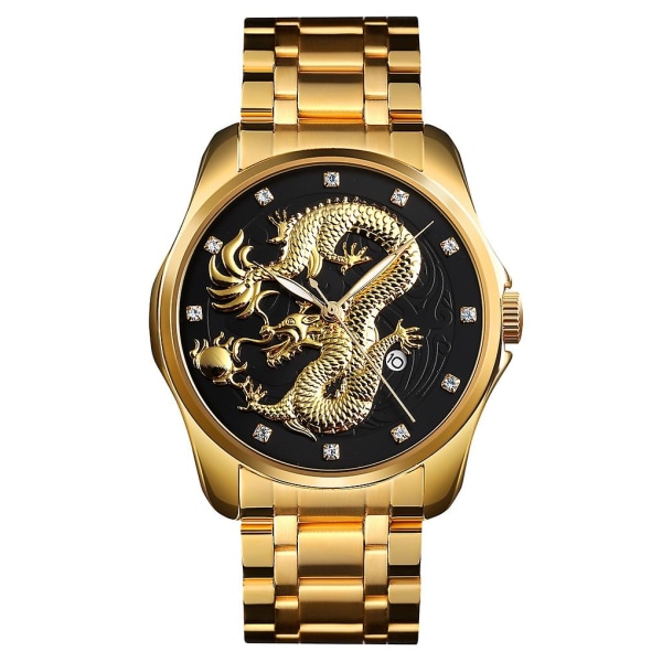 Skmei 9193 Men Golden Dragon Pattern Dial Quartz Watch Gold Black