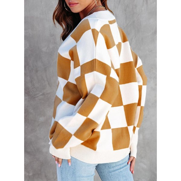 Dame Plaid V-hals Knap Ned Langærmet Kabelstrikket Oversized Cardigan Sweater Toppe Brown Large