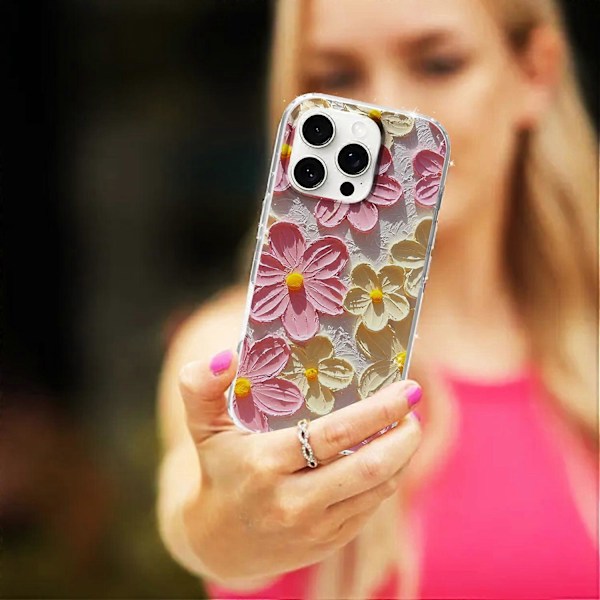 För iPhone 16 Pro Max Mobilskal IMD Mönstertryck PC TPU Mobilskal - Lila Blomma Multicolor Pink White Flower