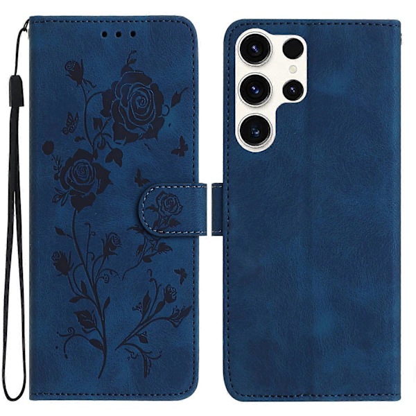Til Samsung Galaxy S24 Ultra Wallet Case Rose Mønster Præget Læder Flip Stand Telefon Cover Multicolor Dark Blue