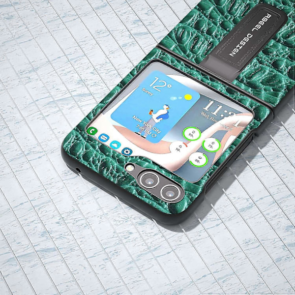 Til Samsung Galaxy Z Flip5 5G Støtteben Bagcover Ægte Koskindslæder+PC Baldakin Tekstur Telefoncover Multicolor Style C