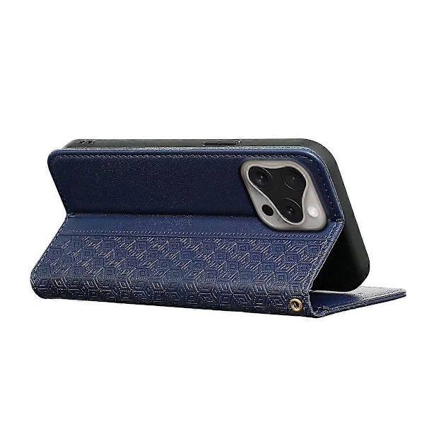 Plånboksfodral för iPhone 16 Pro Stark Magnetisk Rutmönstrad Präglad Läder Flip Cover Multicolor Blue