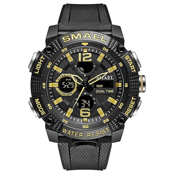 Smael Dual Time Led Display Digital watch För män Vattentät Simning Quartz Sportklockor Auto Date Alarm Clock Armbandsur 8039 Black gold