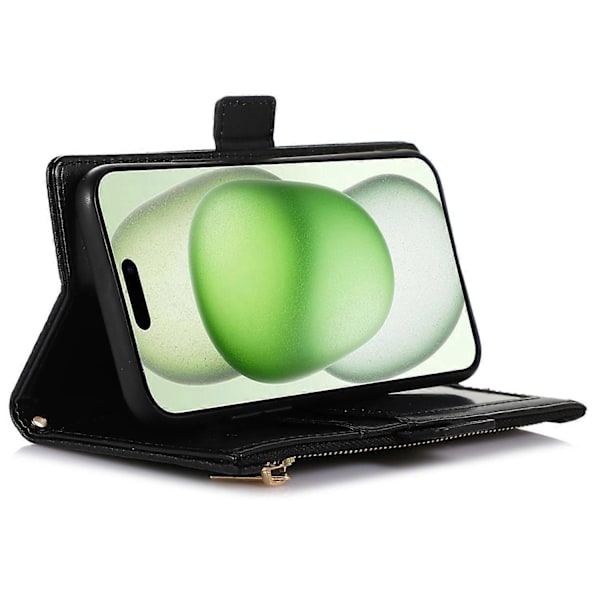 Fodral till iPhone 15 Plus med dragkedjeficka, PU-läder med litchistruktur och rem Multicolor Style E