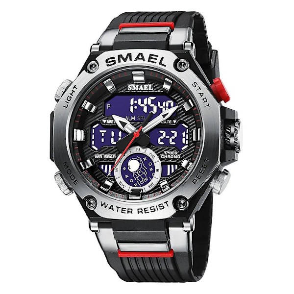 Nye digitale ure til mænd Alloy Case Vandtæt Funktionel Analog Sport Militærur Smael 8069 Silver