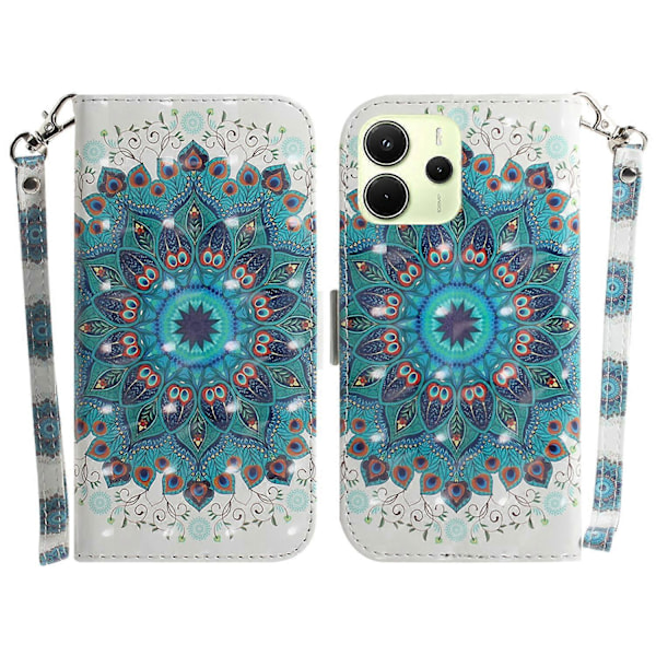 Til Xiaomi Redmi Note 14 4G Etui Mønstertryk Læder Wallet Telefon Cover med Håndledsrem Multicolor Peacock Wreath