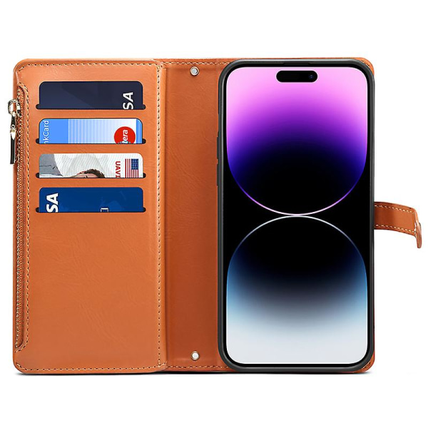 RFID-suojattu puhelinkotelo iPhone 15 Pro Maxille, vetoketjutasku PU-nahkainen jalustallinen lompakkokotelo Brown