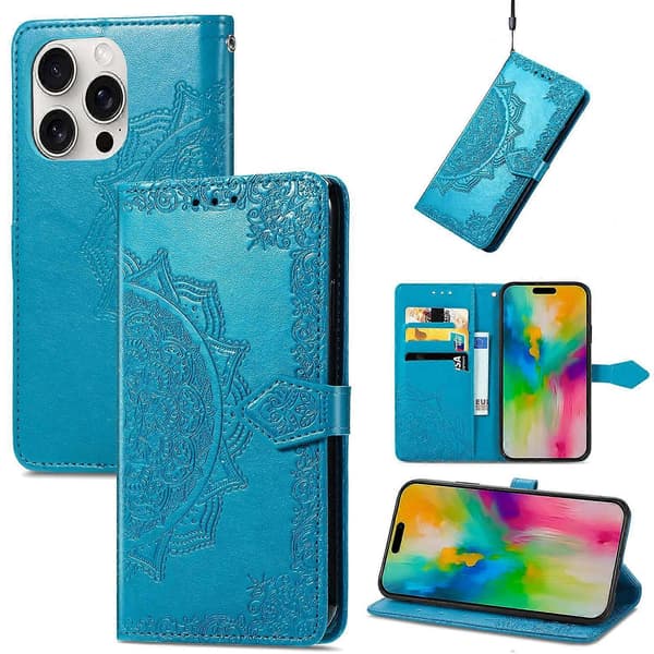 Til iPhone 16 Pro Max Wallet Case Mandala Blomst Læder Telefon Cover Stativ View-Grøn Multicolor Blue