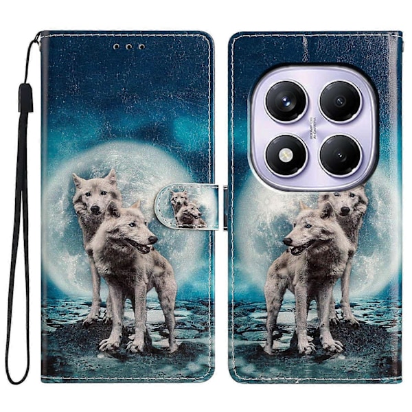 Pung etui i PU-læder med mønstertryk og stativ til Xiaomi Redmi Note 14 Pro 4G med rem Multicolor Two Wolves