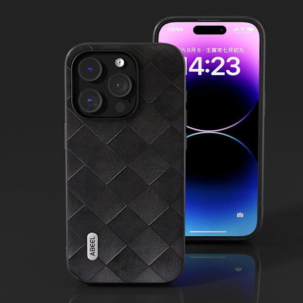 För Iphone 15 Pro Max repsäkert Pu-läderbelagd Pc+tpu Phone case Grid Texture Cover Black