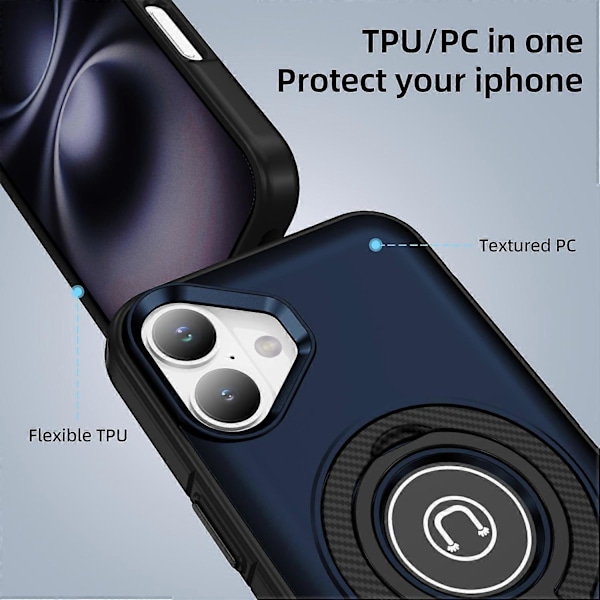 iPhone 16 Plus -kotelo TPU+PC Magneettinen autoteline puhelinkuori sormuksella Multicolor Navy Blue