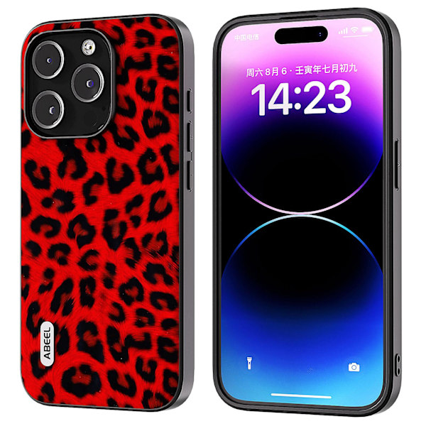 För Iphone 15 Pro Max Leopard Mönster Phone case Pu Läder + PC + Tpu Slim Cover Red