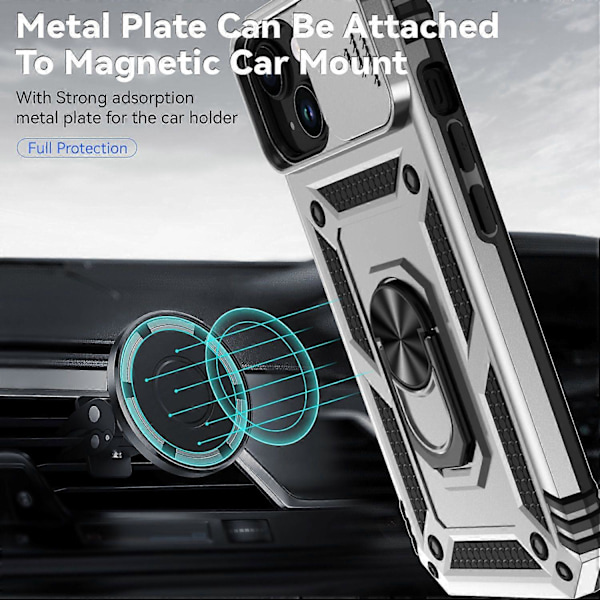 Skal med skjutbart kameraskydd för iPhone 15 Plus Fodral Metallring Ställ PC+TPU Skydd Multicolor Style F