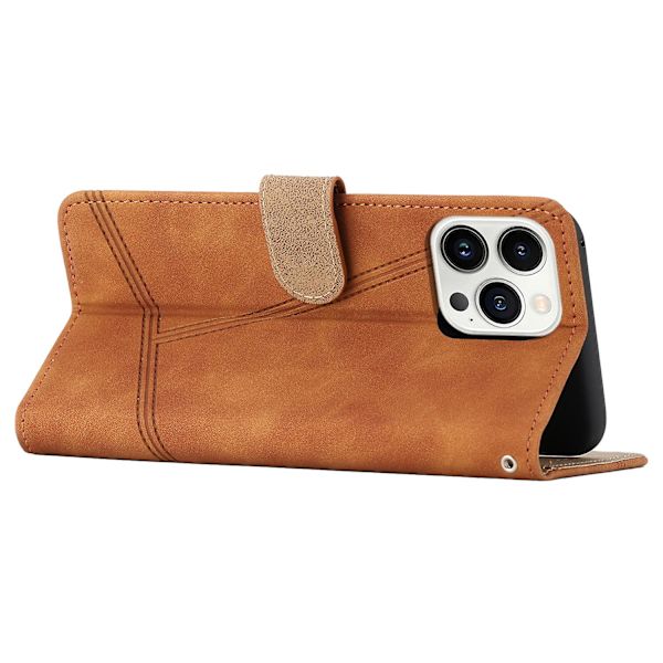 Retro PU læder wallet cover til Iphone 15 Pro - Hudvenlige linjer præget telefoncover med stativ Brown