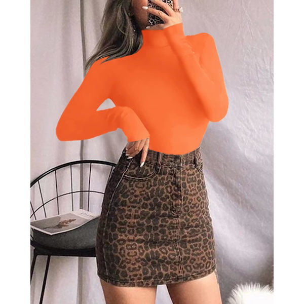 Dame Mock Turtle Neck Langærmet Toppe Bodysuit Jumpsuit Long Sleeve Orange Small