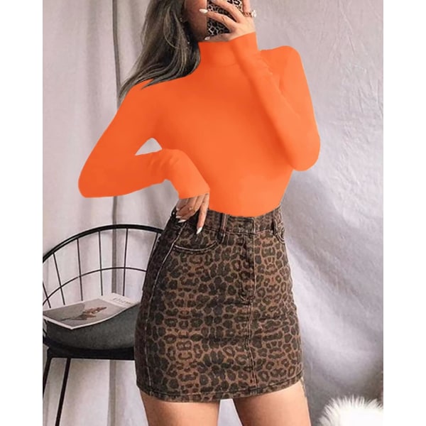 Kvinnors mock sköldpaddshals långärmade toppar Bodysuit Jumpsuit Long Sleeve Orange Large