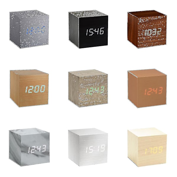 LED Click Clock Vækkeur med Lydaktivering (Tid, Dato & Temperatur) Forskellige Farver A10 Bamboo white