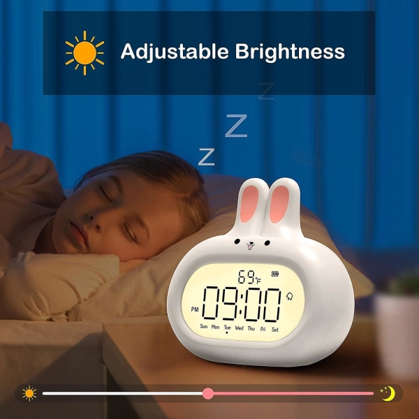 Digitalt kanin-vækkeur med hverdags-/7-dages tilstand, sødt design, nem indstilling, snooze, justerbar dæmper natlys og lydstyrke, termometer, genopladelig