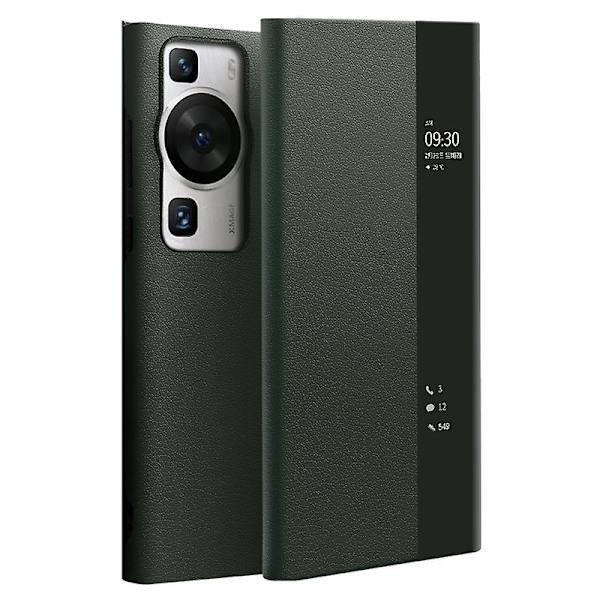 Qialino för Huawei P60 / P60 Pro Phone case i äkta koläder Smart Sleep Wake-up View Window Cover Green