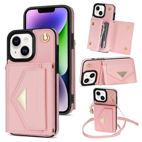 For iPhone 14 Deksel Kortlomme Ripebestandig Lær+TPU Deksel med Skulderstropp Multicolor Style C