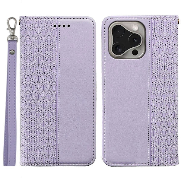 Plånboksfodral för iPhone 16 Pro Stark Magnetisk Rutmönstrad Präglad Läder Flip Cover Multicolor Purple