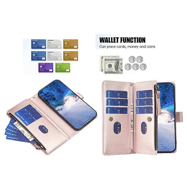 BF Style-19 læder telefoncover med pung, stativ og lynlåslomme til Xiaomi Redmi Note 13 5G Multicolor Rose Gold