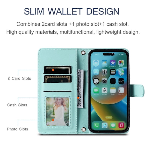 För iPhone 14 Pro Fodral Sömnad Romber Grid PU Läder Plånboksfodral Multicolor Mint Green