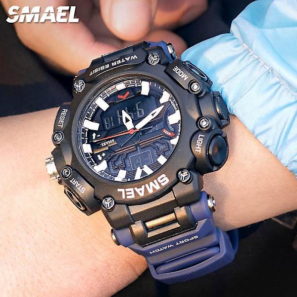 Smael Dual Time LED Digitaalinen Kello Miehille 50m Vedenkestävä Kronografi Kvartsikellot Oranssi Sotilaallinen Urheilu Elektroninen Rannekello Black blue-Box