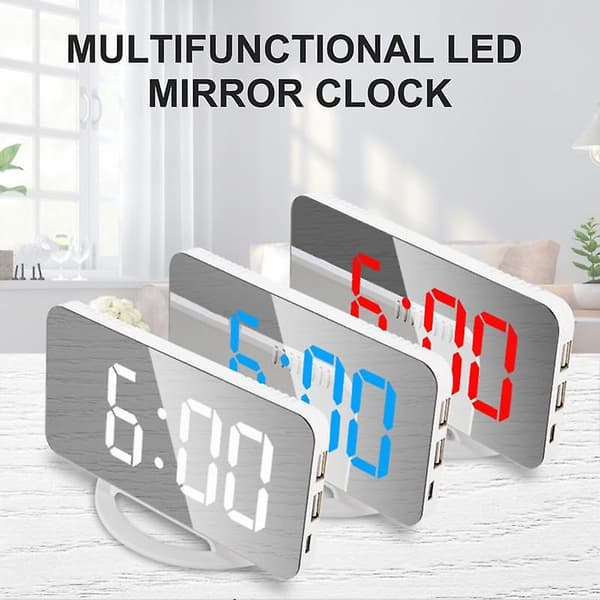 1 Set väckarklocka LED Spegel Display USB Laddning ABS Desktop Hängande klocka för sovrum 2