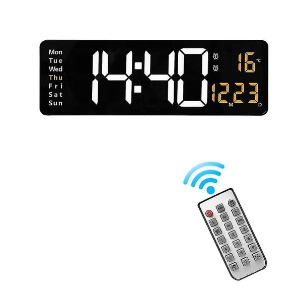 Väggmonterad digital väggklocka Fjärrkontroll Temp Datum Vecka Visning Av Minnesbord Klockalarm