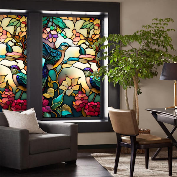 Nya 1 stycke (45x100 cm) Fönsterfilm Retro färgglad kolibriblomma