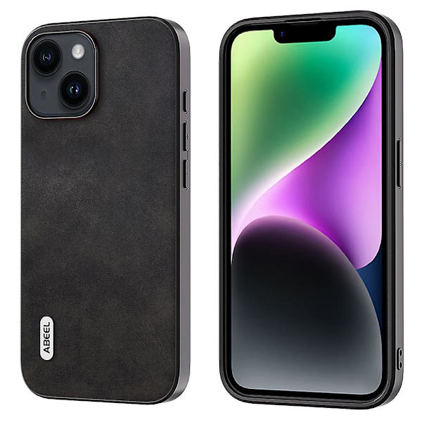 För Iphone 15 Plus case Pu-läderbelagd Tpu+pc Cowhide Texture Cover Black