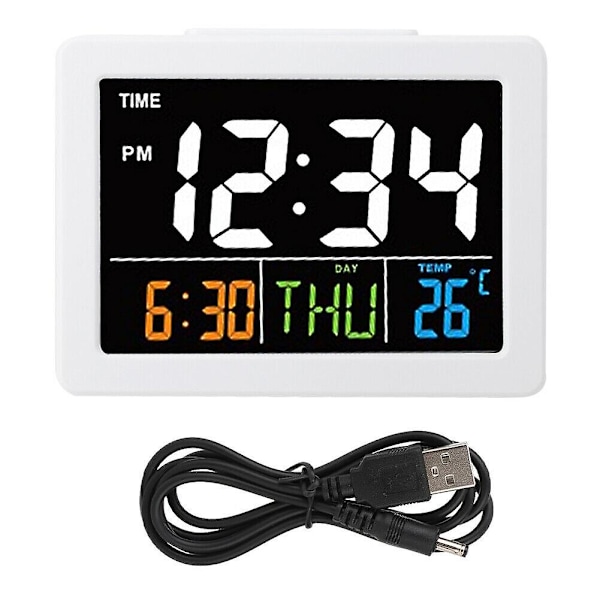 Värinäytöllinen LCD-elektroninen pöytäkello lämpötilan ja päivämäärän näytöllä white