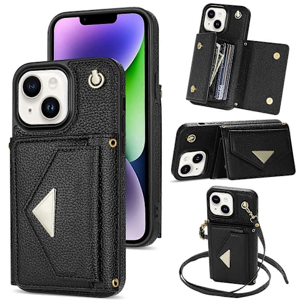 Til iPhone 14 Etui Kort Taske Ridsefast Læder+TPU Cover med Skulderrem Multicolor Style A