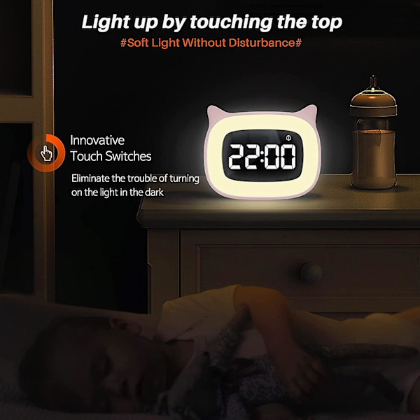 Söt katt öronväckare Ith nattljus, dimbar digital klocka för barn inredning i sovrummet, laddningsbar väckarklocka för pojkar och flickor Pink