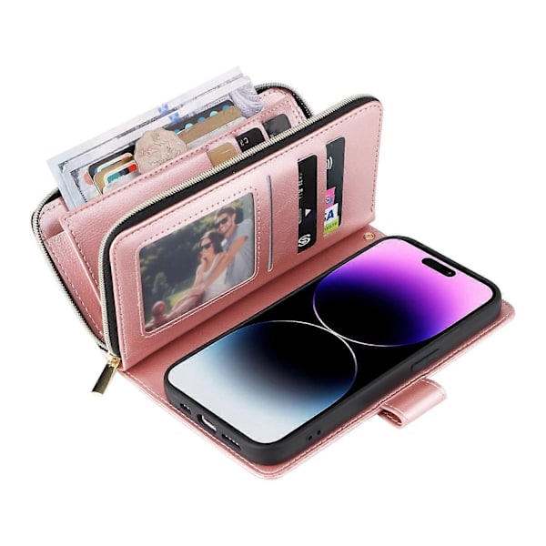 Til iPhone 15 Pro Max Telefon Stand Case Shell Lynlåslomme TPU+PU Læder Kort Slots Pung Multicolor Rose Gold