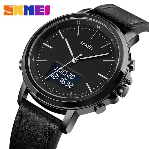 SKMEI Herreur Minimalisme Analog Digital Ur med Alarm Stopur LED Baggrundslys Læderrem silver