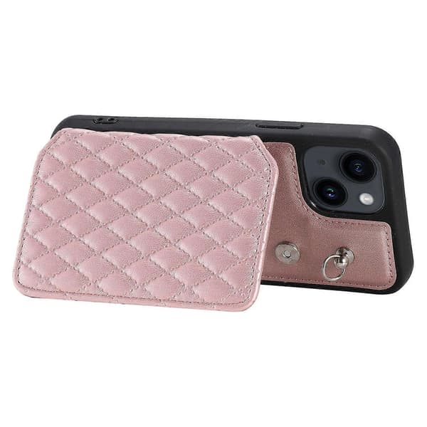 Stil 008 For iPhone 15 Plus RFID-blokkerende støtsikkert deksel PU+TPU telefondeksel med stropper Multicolor Style D