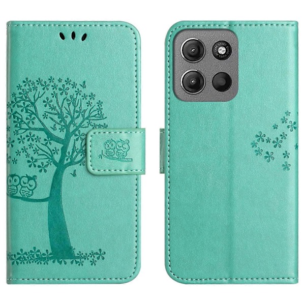 Til Motorola Moto G15 4G/G15 Power 4G Etui PU Læder Ugle Træ Præget Tegnebog Telefon Cover - Grå Multicolor Cyan