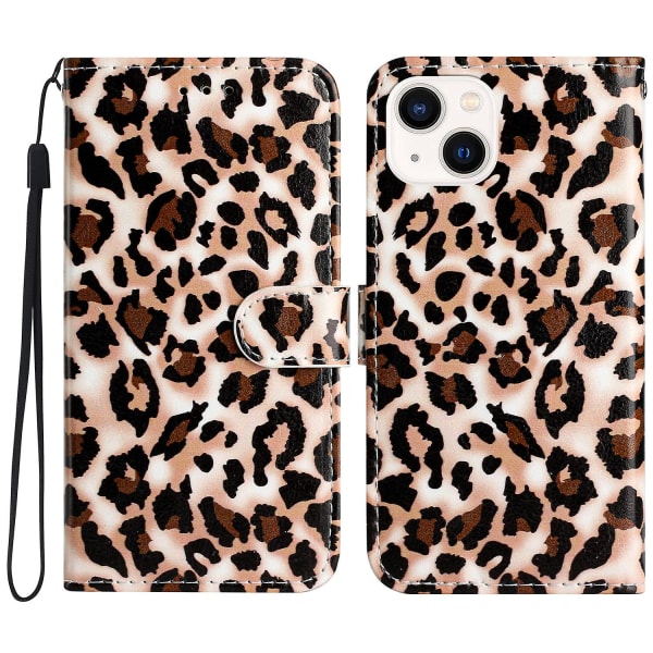 För Iphone 15 Plus Pu Läder Case Mönster Skrivbord Cover Leopard Print