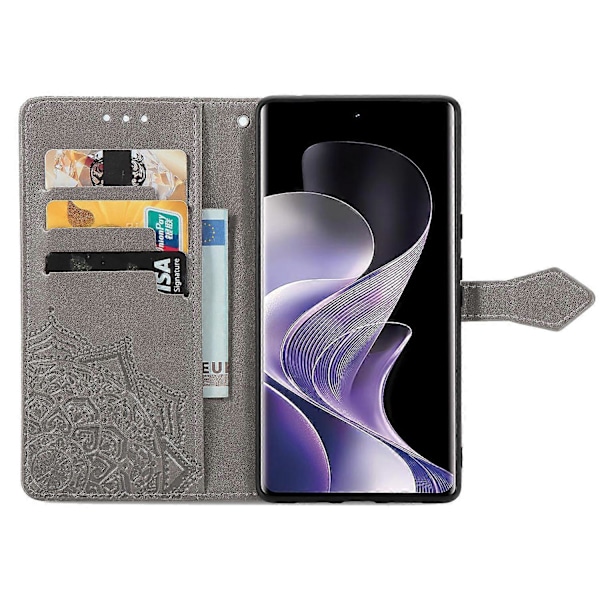 Til vivo V40 5G Etui Mandala Præget Design Læder Wallet Telefon Cover- Multicolor Grey