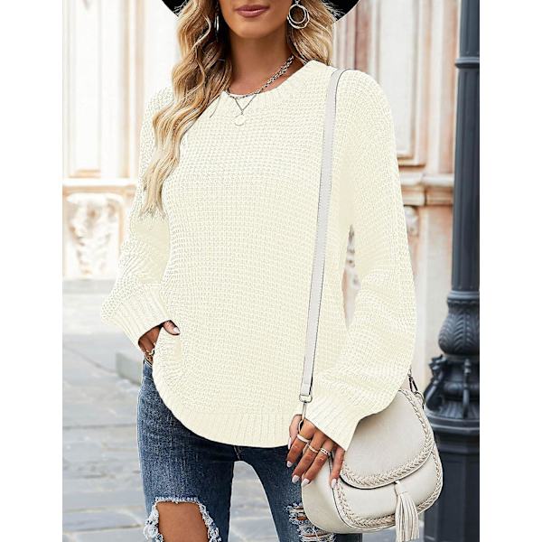 Dam 2023 Höst Casual Höst Våffelstickad tröja Lång ballongärmad lös tröja Beige X-Large