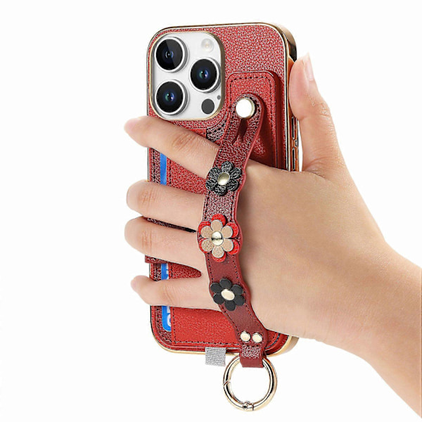 W2 Til iPhone 16 Pro Max Cover med Kortholder Læder Bagside 3D Blomster Armbånd - Grøn Multicolor Red