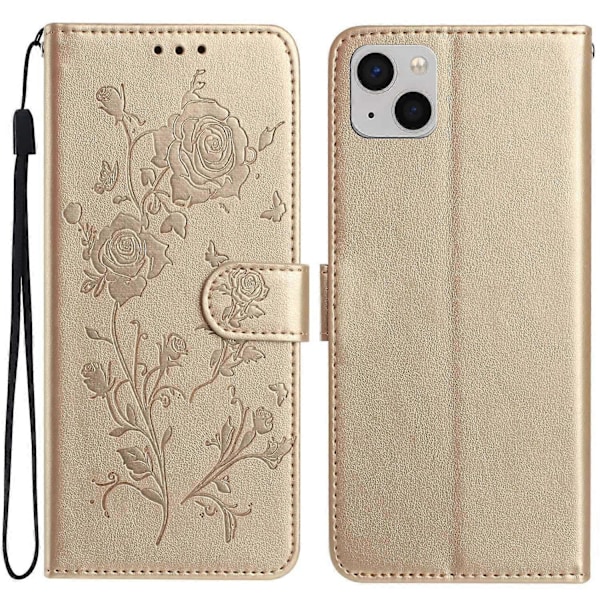Plånboksfodral för iPhone 14 Rosmönster Präglat Läder Flip Ställ Telefonskal Multicolor Gold